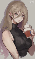Rule 34 | alternate costume, black sweater, blonde hair, blue eyes, breasts, hair between eyes, haruto (harut n), kantai collection, large breasts, long hair, looking at viewer, mole, mole under eye, mole under mouth, one-hour drawing challenge, parted bangs, richelieu (kancolle), simple background, sleeveless, sleeveless sweater, sweater, tumbler, upper body, white background