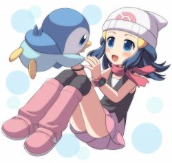 Rule 34 | 1girl, :d, alternate color, black thighhighs, blue eyes, blue hair, blush, boots, creatures (company), dawn (pokemon), eye contact, game freak, gen 4 pokemon, hair ornament, hat, looking at another, nintendo, no panties, open mouth, pink footwear, pink skirt, piplup, pokemon, pokemon (anime), pokemon (creature), porocha, scarf, shiny skin, simple background, sitting, skirt, smile, thighhighs, wristband
