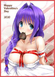 Rule 34 | 1girl, 2020, absurdres, arms behind back, blue eyes, blush, breasts, candy, chocolate, chocolate heart, cleavage, collarbone, dress, food, hair intakes, happy valentine, heart, highres, kanon, large breasts, long hair, looking at viewer, mature female, minase akiko, mitarashi kousei, mouth hold, ribbon, smile, solo, sparkle, valentine, white dress