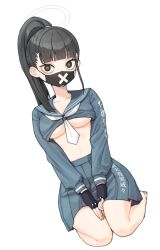 Rule 34 | 1girl, 28 (282teeth), barefoot, black eyes, black gloves, black hair, black mask, blue archive, breasts, collarbone, fingerless gloves, gloves, grey sailor collar, grey serafuku, grey skirt, halo, highres, long hair, long sleeves, looking at viewer, mask, medium breasts, mouth mask, navel, neckerchief, pleated skirt, ponytail, sailor collar, school uniform, serafuku, simple background, skirt, solo, sukeban (smg) (blue archive), surgical mask, underboob, white background, white neckerchief