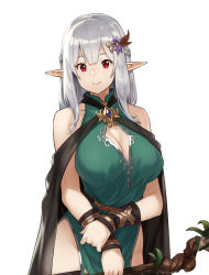 Rule 34 | 1girl, aqua dress, blunt bangs, braid, breasts, closed mouth, cowboy shot, dress, elf, fantasy, hair ornament, half updo, highres, houtengeki, large breasts, long hair, looking at viewer, original, pelvic curtain, pointy ears, red eyes, sidelocks, silver hair, simple background, smile, solo, staff, white background
