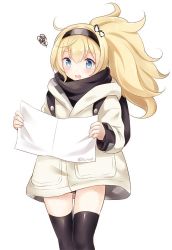 Rule 34 | 1girl, backpack, bag, black panties, black thighhighs, blonde hair, blue eyes, coat, cowboy shot, gambier bay (kancolle), gluteal fold, hair between eyes, kantai collection, long hair, map (object), nikoo, open mouth, panties, pantyshot, side ponytail, simple background, solo, squiggle, standing, thighhighs, twitter username, underwear, white background, white coat