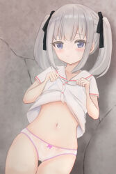 Rule 34 | 1girl, black ribbon, blue eyes, blush, bow, bow panties, closed mouth, clothes lift, collared shirt, commentary, cowboy shot, crack, cracked wall, crotch seam, frown, gluteal fold, grey hair, hair ribbon, highres, lace, lace-trimmed panties, lace trim, lifting own clothes, looking at viewer, medium hair, navel, no pants, original, panties, ribbon, shirt, shirt lift, shooko, short sleeves, sidelocks, solo, standing, sweatdrop, tearing up, thigh gap, twintails, underwear, wet, wet clothes, wet panties, white panties, white shirt