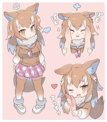Rule 34 | 10s, 1girl, ancolatte (onikuanco), anger vein, animal ear fluff, animal ears, blush, commentary request, cropped torso, disembodied hand, fang, full body, fur collar, hand on another&#039;s face, heart, highres, japanese wolf (kemono friends), kemono friends, light brown hair, long hair, long sleeves, multicolored hair, multiple views, neckerchief, partially translated, plaid, plaid neckerchief, plaid neckwear, plaid skirt, pleated skirt, portrait, sailor collar, skirt, sweatdrop, sweater, tail, thighhighs, translation request, white hair, wolf ears, wolf tail, zettai ryouiki