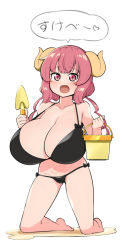 Rule 34 | 1girl, bare legs, barefoot, bikini, black bikini, blush, breasts, bucket, cleavage, collarbone, curled horns, drill hair, feet, full body, horns, huge breasts, ilulu (maidragon), kneeling, kobayashi-san chi no maidragon, long hair, looking at viewer, monster girl, open mouth, pink hair, red eyes, shortstack, shovel, simple background, slit pupils, solo, speech bubble, swimsuit, text focus, toudori, translation request, twin drills, white background