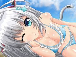Rule 34 | 1girl, ;3, animal ears, aqua bikini, artist request, bikini, blue eyes, breasts, cat ears, cat girl, cat tail, claxton (warship girls r), cleavage, cloud, commentary request, day, frilled bikini, frills, grey hair, long hair, looking at viewer, lying, medium breasts, navel, on side, one eye closed, outdoors, sand, smile, solo, swimsuit, tail, warship girls r