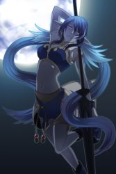 Rule 34 | 00s, 1girl, arm up, bad id, bad pixiv id, blue hair, breasts, closed mouth, elf, full moon, grey background, judith (tales), lance, leg up, long hair, long pointy ears, low twintails, md5 mismatch, medium breasts, midriff, moon, navel, night, outdoors, outstretched arm, pointy ears, polearm, purple eyes, setsu, solo, spear, tales of (series), tales of vesperia, twintails, very long hair, weapon