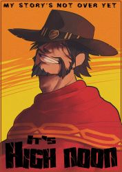 Rule 34 | 1boy, :d, absurdres, bad id, bad twitter id, beard, black hair, brown eyes, cape, cassidy (overwatch), cowboy hat, cowboy western, english text, facial hair, grin, hat, hat over one eye, highres, looking at viewer, male focus, mustache, open mouth, overwatch, overwatch 1, poncho, red cape, smile, smug, solo, spiked hair, torn clothes, torn hat, upper body