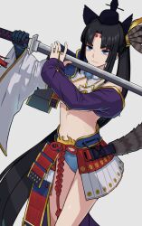 Rule 34 | 1girl, armor, asymmetrical clothes, asymmetrical sleeves, black hair, blue eyes, blue gloves, blue panties, breast curtains, breasts, closed mouth, commentary request, detached sleeves, fate/grand order, fate (series), feather hair ornament, feathers, gloves, hair ornament, hat, highres, holding, holding sword, holding weapon, japanese armor, kusazuri, long hair, looking at viewer, medium breasts, mismatched sleeves, navel, panties, parted bangs, pom pom (clothes), purple sleeves, raize84093, revealing clothes, scabbard, sheath, shoulder armor, side ponytail, simple background, single glove, single pantsleg, sode, solo, sword, sword in front of face, tassel, tate eboshi, underwear, ushiwakamaru (fate), very long hair, weapon, white background, white sleeves, wide sleeves