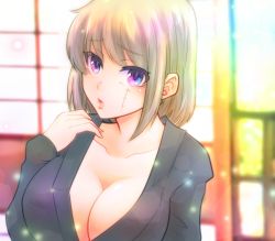 Rule 34 | 1girl, absurdres, black kimono, blonde hair, breasts, cleavage, clenched hand, facial scar, gintama, highres, japanese clothes, kimono, large breasts, looking at viewer, paleatus, parted lips, purple eyes, scar, scar on cheek, scar on face, short hair, solo, tsukuyo (gintama), upper body