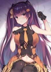 Rule 34 | 1girl, arm up, bat hair ornament, belt, black gloves, black pantyhose, blush, breasts, bushinofuji, closed mouth, commentary request, dress, food-themed hair ornament, girls&#039; frontline, gloves, hair ornament, hair ribbon, hairband, half updo, halloween, hand on own chest, highres, knees up, large breasts, legs together, long hair, looking at viewer, lying, necktie, official alternate costume, on back, one side up, orange necktie, pantyhose, pumpkin hair ornament, purple hair, red eyes, ribbon, skirt, sleeveless, solo, very long hair, wa2000 (girls&#039; frontline), wa2000 (haunted castle) (girls&#039; frontline)
