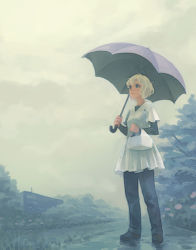 Rule 34 | 1girl, blonde hair, blue eyes, female focus, fog, holding, holding umbrella, layered sleeves, long sleeves, lowres, nature, original, outdoors, plant, short over long sleeves, short sleeves, sky, solo, standing, umbrella, wavy hair, weno, weno&#039;s blonde original character