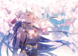 Rule 34 | 1girl, bare shoulders, breasts, fate/grand order, fate (series), hand up, headband, large breasts, long hair, looking to the side, moe (hamhamham), outdoors, petals, red eyes, sideboob, silver hair, solo, tomoe gozen (fate), upper body, very long hair