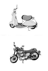 Rule 34 | commentary, greyscale, handlebar, highres, monochrome, motor vehicle, motorcycle, no humans, original, rear-view mirror, sayuuiede, scooter, seat, wheel