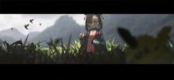 Rule 34 | 1311422471, 1girl, asymmetrical bangs, bird, black choker, black hair, black jacket, blurry, chinese commentary, choker, closed mouth, commentary request, creatures (company), day, depth of field, dress, earrings, facing viewer, game freak, grass, green eyes, hair over one eye, hair ribbon, highres, holding, holding poke ball, jacket, jewelry, letterboxed, looking away, marnie (pokemon), medium hair, mountain, nintendo, one eye covered, open clothes, open jacket, outdoors, pink dress, poke ball, pokemon, pokemon swsh, red bag, red ribbon, ribbon, sky, solo, standing, stud earrings, tall grass, upper body