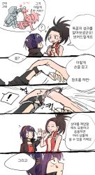 Rule 34 | !, 3girls, ?, black eyes, black hair, black jacket, boku no hero academia, breasts, cleavage, comic, commentary, commentary request, cuffs, closed eyes, gloves, holding hands, handcuffs, headphones, height difference, high ponytail, highres, jacket, jirou kyouka, korean text, left-to-right manga, looking at another, multiple girls, open mouth, ponytail, pulling, purple hair, red shirt, shirt, short hair, single sidelock, smile, speech bubble, vvvmung, white background, white gloves, yaoyorozu momo, yuri