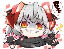 Rule 34 | 1girl, arknights, chibi, clenched teeth, commentary, dark, detonator, english text, fingerless gloves, gloves, grey hair, hair between eyes, hair ornament, holding, horns, kado (hametunoasioto), looking at viewer, multicolored eyes, multicolored hair, red eyes, red hair, sharp teeth, solo, speech bubble, teeth, two-tone hair, upper body, w (arknights)