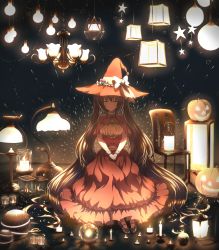 Rule 34 | 1girl, absurdly long hair, absurdres, alternate costume, alternate hair color, bow, candle, candlestand, chair, closed eyes, dress, facing viewer, fire, fire, frilled dress, frills, gown, halloween, hat, hat bow, hatsune miku, highres, horizon, isumi (yangyan), jack-o&#039;-lantern, lamp, lantern, light, long hair, neck ribbon, orange dress, own hands together, ribbon, shoes, sitting, solo, twintails, v arms, very long hair, vocaloid, witch, witch hat, wrist cuffs