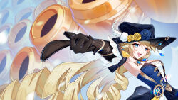 Rule 34 | 1girl, absurdres, arm up, armpits, artillery, black headwear, blonde hair, blue dress, blue eyes, blue flower, blue gemstone, breasts, cannon, cleavage, detached sleeves, dress, feathers, flower, gem, genshin impact, highres, jewelry, kinuhatamidori, long hair, medium breasts, navia (genshin impact), open mouth, pointing, pointing to the side, sleeveless, sleeveless dress, solo, strapless, strapless dress, white feathers, yellow flower