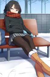 Rule 34 | 1girl, bag, bench, black hair, boots, brown eyes, covered mouth, fur boots, gloves, highres, original, pantyhose, pinkwaters, plaid, plaid scarf, plaid skirt, red scarf, scarf, school bag, school uniform, short hair, sitting, skirt, snow, solo, ugg boots