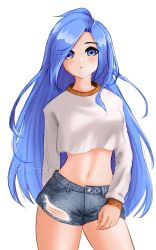 Rule 34 | 1girl, absurdres, blue eyes, blue hair, blush, borrowed character, breasts, commentary, contrapposto, crop top, denim, denim shorts, english commentary, highres, long hair, long sleeves, looking at viewer, bae minah (chaesu), mismatched eyebrows, navel, original, reyna (reynarts), short shorts, shorts, small breasts, solo, standing, torn clothes, torn shorts, twitter username, watermark, white background