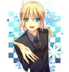 Rule 34 | 1girl, ahoge, artoria pendragon (all), artoria pendragon (fate), fate/zero, fate (series), formal, green eyes, katakonpe, long hair, looking at viewer, necktie, open mouth, outstretched hand, pant suit, pants, ponytail, pov, saber (fate), solo, suit