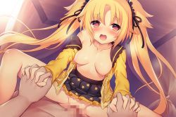 Rule 34 | 1boy, 1girl, :o, black skirt, blonde hair, blush, breasts, censored, clothed sex, clothes around waist, collarbone, flower knight girl, freesia (flower knight girl), game cg, hetero, holding hands, long hair, looking at viewer, medium breasts, mosaic censoring, nipples, official art, open clothes, open mouth, open shirt, orange eyes, penis, pussy, school uniform, serafuku, sex, shirt, skirt, solo focus, spread legs, straddling, twintails, vaginal, yellow shirt