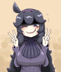 Rule 34 | 1girl, @ @, ahoge, alternate breast size, beige background, blush, breasts, creatures (company), double v, dress, female focus, flying sweatdrops, game freak, hairband, half-closed eye, hands up, hex maniac (pokemon), highres, large breasts, long hair, long sleeves, looking at viewer, matching hair/eyes, nintendo, npc trainer, one eye closed, open mouth, pokemon, pokemon xy, purple dress, purple eyes, purple hair, smile, solo, straight-on, sweat, tazonotanbo, translation request, trembling, turtleneck, turtleneck dress, upper body, v, wavy mouth, wink