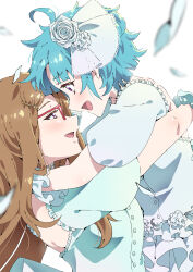 2girls absurdres akai_meganee blue_hair blunt_bangs brown_hair commentary_request dutch_angle eye_contact face-to-face flower from_side glasses hair_flower hair_ornament hairclip highres hug long_hair looking_at_another multiple_girls omega_auru open_mouth pretty_series puffy_short_sleeves puffy_sleeves red-framed_eyewear rose short_hair short_sleeves smile tsujii_luki upper_body waccha_primagi! white_flower white_rose