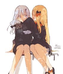 Rule 34 | 2girls, :d, :o, ^ ^, abigail williams (fate), arm support, black bow, black dress, black footwear, blonde hair, bloomers, blush, bow, brown eyes, closed eyes, dress, facing another, fate/grand order, fate (series), feet out of frame, hair bow, highres, horns, lavinia whateley (fate), long hair, long sleeves, multiple girls, no headwear, open mouth, orange bow, parted bangs, profile, shoes, signature, silver hair, single horn, sitting, sleeves past fingers, sleeves past wrists, smile, sofra, twitter username, underwear, very long hair, white background, white bloomers
