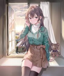 Rule 34 | 1girl, black thighhighs, brown eyes, brown hair, brown skirt, closed mouth, cover, cover image, curtains, floating hair, hand up, highres, indoors, long hair, long sleeves, looking at viewer, momoko (momopoco), novel illustration, official art, sitting, skirt, smile, solo, stuffed toy, suou yuki, textless version, thighhighs, tokidoki bosotto roshia-go de dereru tonari no alya-san, window, zettai ryouiki