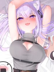 Rule 34 | 1girl, 1other, ?, @ @, absurdres, animal ear fluff, animal ears, arm behind back, arms up, aurahman, black shirt, blush, breasts, cat ears, cat girl, chest harness, cleavage, cleavage cutout, clothing cutout, food, harness, highres, hololive, large breasts, long hair, looking at viewer, lying, nekomata okayu, nekomata okayu (8th costume), on back, on bed, onigiri, onigirya (nekomata okayu), purple eyes, purple hair, shirt, sleeveless, sleeveless shirt, solo, speech bubble, upper body, virtual youtuber