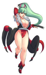 Rule 34 | 1girl, ankle boots, bare legs, boots, breasts, capcom, cleavage, crossover, elbow gloves, fingerless gloves, folded fan, folding fan, fusion, gloves, green eyes, green hair, greenmarine, grin, hand fan, head wings, large breasts, leotard, lips, matching hair/eyes, morrigan aensland, ninja, nose, ponytail, shiranui mai, smile, snk, solo, the king of fighters, vampire (game), wings