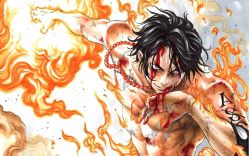 Rule 34 | 1boy, black eyes, black hair, blood, blood on face, devil fruit, fire, highres, jewelry, male focus, necklace, one piece, portgas d. ace, topless male, solo, tagme, tattoo
