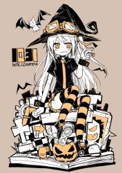 Rule 34 | 1girl, arrow (symbol), bat (animal), black shirt, book, broken glass, candy, collared shirt, cross, cuff links, dated, food, full body, gears, glass, goggles, goggles on headwear, hair ribbon, halloween, hat, ico (green bullet), jack-o&#039;-lantern, lollipop, long hair, looking at viewer, necktie, one side up, open book, orange eyes, original, pumpkin, ribbon, shirt, shoes, sitting, skirt, solo, spot color, striped clothes, striped legwear, striped thighhighs, teeth, thighhighs, witch, witch hat