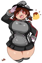 Rule 34 | 1girl, belly, blush stickers, breasts, brown eyes, brown hair, cosplay, ear piercing, highres, huge breasts, kantai collection, lightsource, love handles, miniskirt, muffin top, piercing, plump, prinz eugen (kancolle), purin (lightsource), salute, skirt, smile, solo, thick eyebrows, thick thighs, thighs, twintails