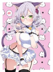Rule 34 | 1girl, animal ears, black thighhighs, blush, breasts, cat ears, cat girl, cat tail, garter belt, glasses, green eyes, heaven burns red, highres, izumi yuki (heaven burns red), jewelry, k i49, large breasts, long hair, looking at viewer, low twintails, navel, ring, round eyewear, skirt, solo, tail, thighhighs, twintails