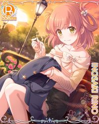 Rule 34 | 1girl, bare shoulders, bench, blouse, brown hair, buttons, card (medium), cygames, flower, green eyes, hair ornament, hair rings, highres, jacket, miniskirt, needle, official art, princess connect!, rino (princess connect!), rino (real) (princess connect!), sewing, sewing needle, shirt, skirt, solo, split mouth, striped clothes, striped shirt, sunset, two side up