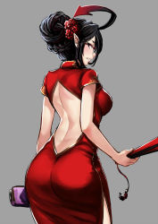 Rule 34 | 1girl, ahoge, ass, back, backless dress, backless outfit, black eyes, black hair, breasts, china dress, chinese clothes, cowboy shot, dress, folded fan, folding fan, from behind, glasses, hair bun, hand fan, highres, holding, holding fan, kaorihero, looking at viewer, looking back, medium breasts, original, parted lips, pointy ears, profile, semi-rimless eyewear, short sleeves, side slit, single hair bun, solo