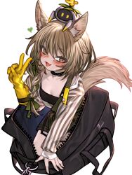 Rule 34 | 1girl, animal, animal on head, arknights, bag, beanstalk (arknights), black bag, black bra, black collar, blush, bra, braid, breasts, brown eyes, brown hair, collar, crab, duffel bag, gloves, green ribbon, hair ribbon, hand up, highres, hyena ears, hyena girl, hyena tail, in bag, in container, infection monitor (arknights), kochiya (gothope), long sleeves, looking at viewer, metal crab (arknights), on head, open clothes, open mouth, open shirt, ribbon, shirt, simple background, single glove, small breasts, solo, striped clothes, striped shirt, underwear, v, white background, yellow gloves