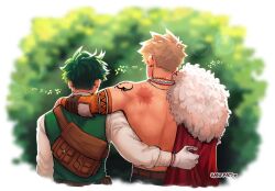 Rule 34 | 2boys, arm around shoulder, artist name, back, bakugou katsuki, blonde hair, boku no hero academia, brown bag, cape, commentary, detached sleeves, english commentary, from behind, fur-trimmed cape, fur trim, gloves, green hair, green vest, habkart, hand on another&#039;s back, highres, jewelry, long sleeves, male focus, midoriya izuku, multiple boys, necklace, official alternate costume, red cape, scar, scar on back, shirt, short hair, shoulder tattoo, single bare shoulder, spiked hair, tattoo, topless male, upper body, vest, white gloves, white shirt