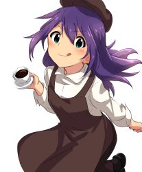 Rule 34 | 1girl, absurdres, apron, black footwear, blush, breasts, brown apron, brown hat, brown skirt, coffee, coffee cup, cup, disposable cup, green eyes, hair between eyes, hat, highres, holding, holding cup, idolmaster, idolmaster million live!, idolmaster million live! theater days, long hair, long sleeves, looking at viewer, mochizuki anna, moyashi tomozuku, purple hair, shirt, shoes, simple background, skirt, small breasts, smile, solo, tongue, tongue out, tray, v-shaped eyebrows, white background, white shirt