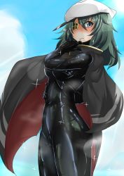 Rule 34 | 10s, 1girl, ayuayu (shouyu no sato), blush, bodysuit, breasts, cape, cloud, eyepatch, female focus, gloves, green hair, hat, kantai collection, kiso (kancolle), latex, latex suit, personification, shiny clothes, sky, solo