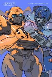 Rule 34 | autobot, blue background, blue eyes, bumblebee (transformers), clenched hand, head tilt, highres, looking at viewer, mecha, mi (q9 zjmimimi), mirage (transformers), no humans, open mouth, robot, smug, transformers, transformers: rise of the beasts, transformers (live action)
