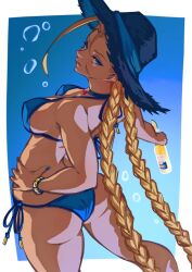 Rule 34 | 1girl, alcohol, alternate costume, ap cammy, ass, back, blonde hair, blue background, blue eyes, blue hat, bottle, bracelet, braid, breasts, bubble, cammy white, food, fruit, gradient background, hand on own hip, hat, jewelry, large breasts, lemon, lemon slice, lips, long hair, looking back, nails, scar, scar on face, straw hat, street fighter, swimsuit