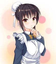 Rule 34 | 1girl, absurdres, apron, black hair, blush, bow, brown bow, brown eyes, cafe stella to shinigami no chou, hand up, highres, long sleeves, looking at viewer, shiki natsume, shrimp 3, simple background, solo, upper body, white headwear