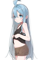 Rule 34 | 1girl, ahoge, black shirt, black tank top, blue eyes, blue hair, breasts, brown shorts, clothes lift, from side, fujiwara gacho, lifted by self, long hair, looking at viewer, navel, original, pale skin, shirt, shirt lift, short shorts, shorts, simple background, small breasts, solo, tank top, thighs, very long hair, white background