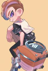 Rule 34 | 1boy, black leggings, commentary request, full body, highres, holding, holding weapon, invisible chair, leggings, mohawk, nastar r0, nintendo, octoling, octoling boy, octoling player character, purple eyes, red hair, shoes, simple background, sitting, sloshing machine (splatoon), smile, solo, splatoon (series), splatoon 3, weapon, white footwear, yellow background