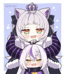 Rule 34 | 2girls, :d, animal ears, blush, blush stickers, braid, braided bangs, cat ears, cat girl, chibi, commentary, demon girl, demon horns, english commentary, hair between eyes, height difference, hololive, horns, kukie-nyan, la+ darknesss, looking at viewer, multiple girls, murasaki shion, murasaki shion (gothic lolita), open mouth, outside border, silver hair, smile, smirk, smug, twitter username, virtual youtuber