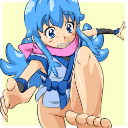 Rule 34 | 1girl, armpits, barefoot, blue eyes, blue hair, blush, blush stickers, border, bottomless, convenient censoring, convenient leg, feet, happinesscharge precure!, kogane (staygold), long hair, matching hair/eyes, outside border, parted lips, precure, shirayuki hime, simple background, solo, standing, standing on one leg, teeth, white border, yellow background